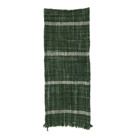 72"L x 14"W Woven Wool Blend Slub Table Runner w/ Stripes & Fringe, Green