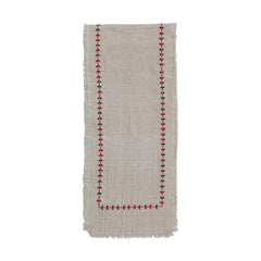 72"L x 14"W Cotton Slub Table Runner w/ Embroidery, Cream Color, Red & Green