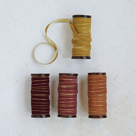 10 Yard Velvet Ribbon on Wood Spool w/ Metallic Edges, 4 Colors
