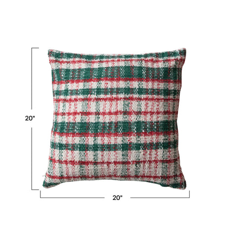 20" Square Woven Cotton Blend Pillow, Cream Color, Green & Red Plaid