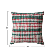 20" Square Woven Cotton Blend Pillow, Cream Color, Green & Red Plaid