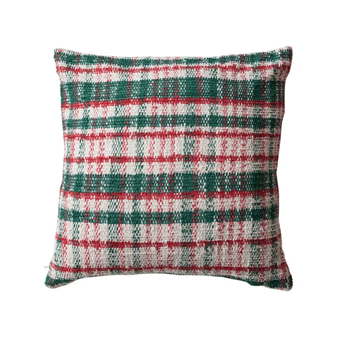 20" Square Woven Cotton Blend Pillow, Cream Color, Green & Red Plaid