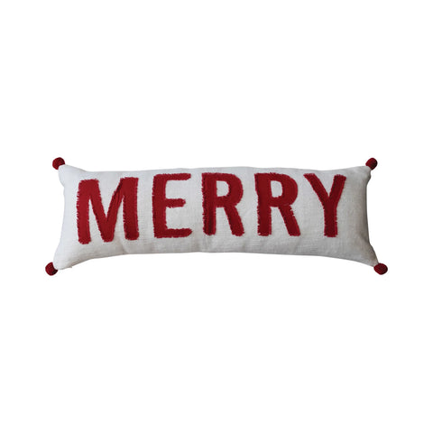 36"L x 12"H Woven Cotton Lumbar Pillow w/ Appliqued "Merry" & Pom Poms, Red & White
