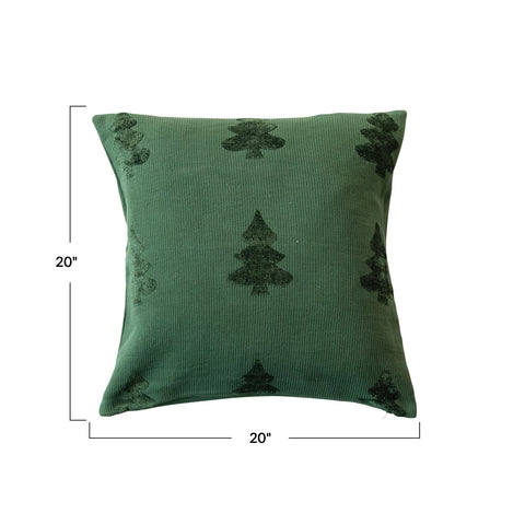 20" Square Woven Cotton Blend Jacquard Pillow w/ Trees, Green