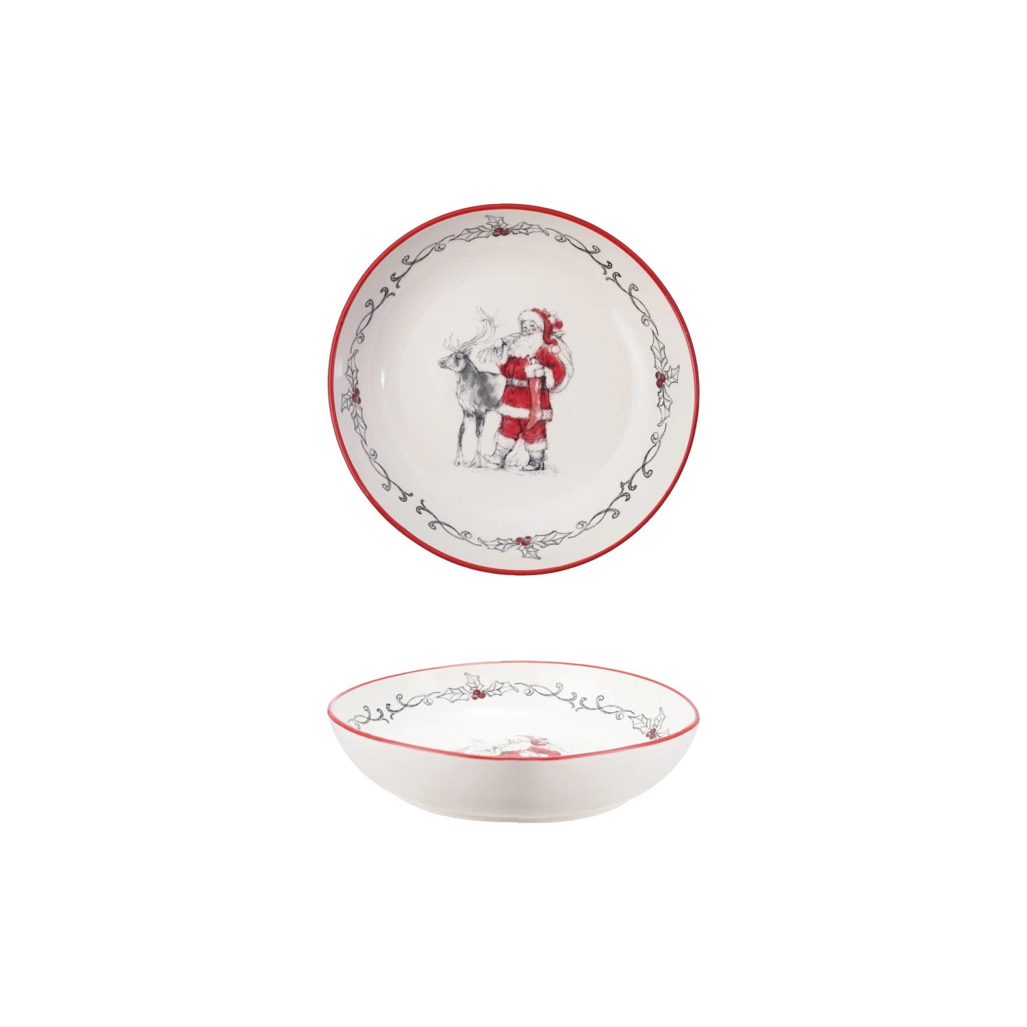 Stoneware Bowl with Santa & Reindeer Image & Colored Rim