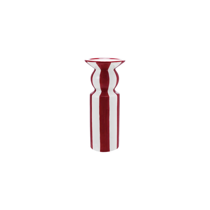 Hand-Painted Ceramic Striped Taper Holder, Red & White