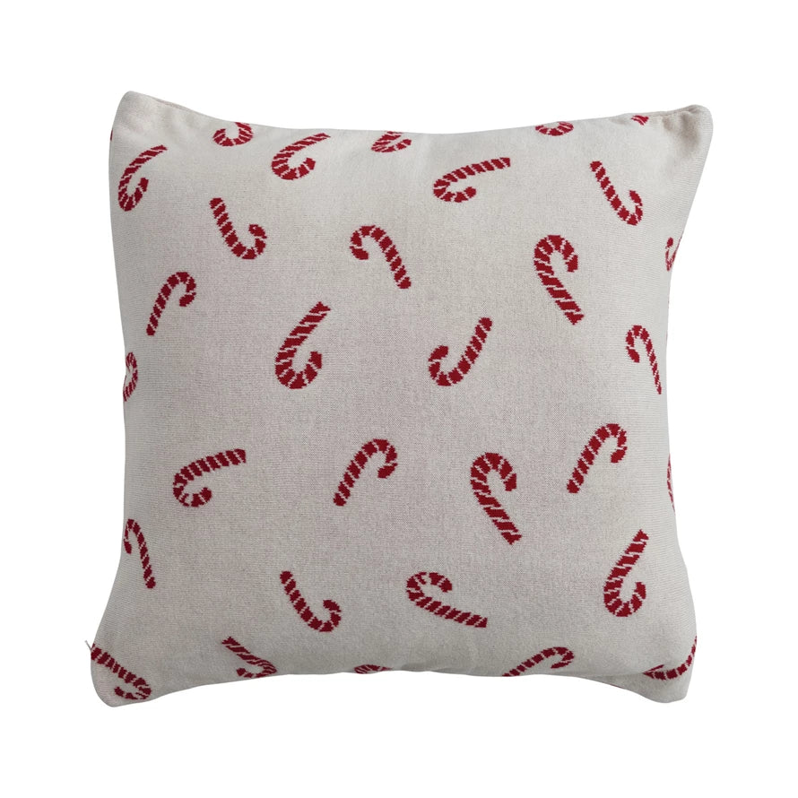 20" Square Cotton Knit Pillow with Candy Cane Pattern