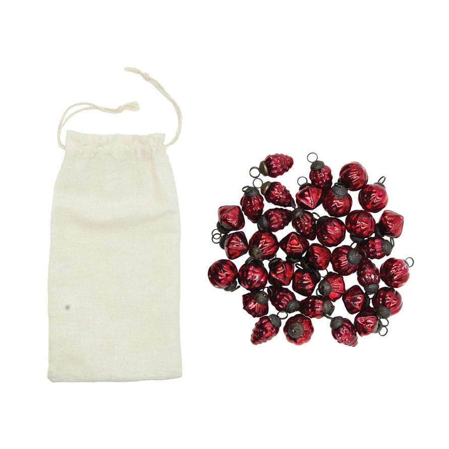 1"H Embossed Mercury Glass Ornaments in Muslin Bag, Red, Set of 36