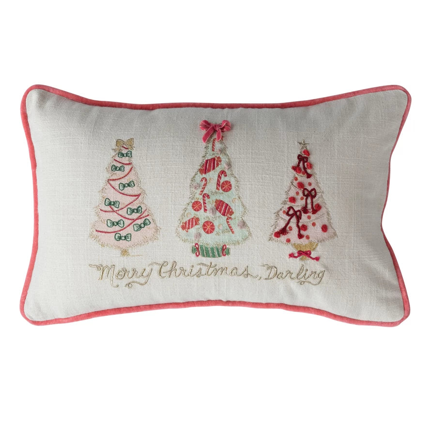 Lumbar Pillow with Christmas Trees, Embroidery, Piping & Velvet Back