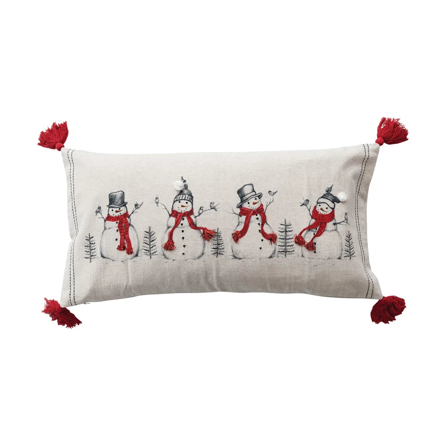 Lumbar Pillow with Embroidered Snowmen & Birds Image
