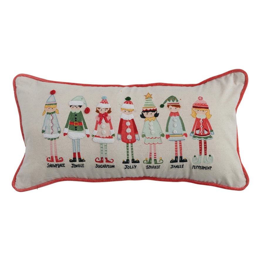 Lumbar Pillow with Elves, Embroidery, Piping, Pom Poms & Velvet Back