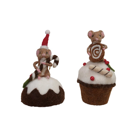 3-1/2" Round x 6-1/4"H Handmade Wool Felt Mouse on Cake, 2 Styles