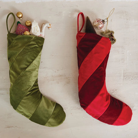 20"H Fabric Velvet Striped Stocking, Green