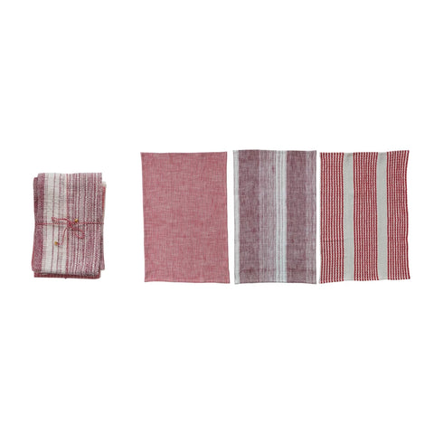 Woven Tea Towels with Patterns, Set of 3 Tied with Twine & Jingle Bell