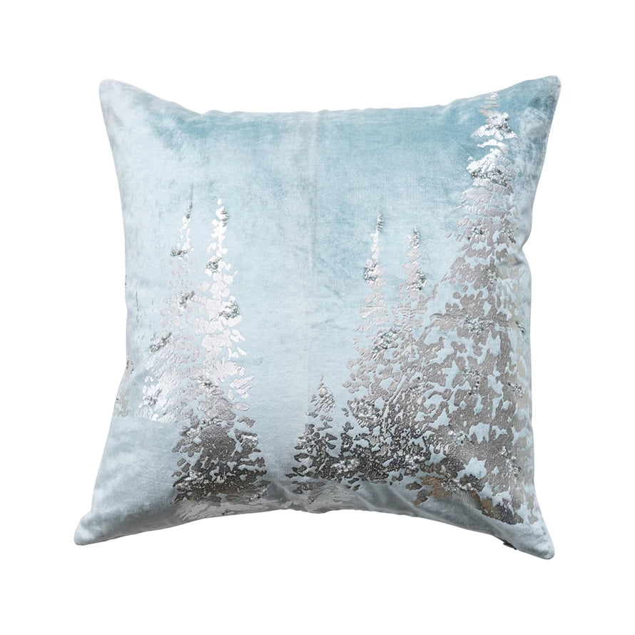 20" Square Velvet Printed Pillow with Silver Foil Trees & Beads, Blue
