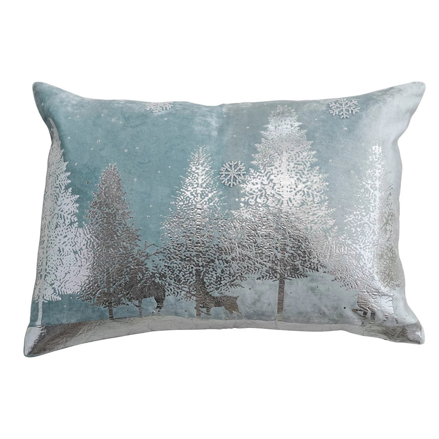 Velvet Lumbar Pillow with Silver Foil Trees & Beaded Snowflakes, Blue