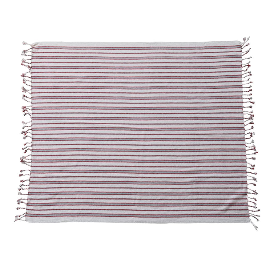 Woven Cotton Striped Throw with Braided Fringe, White, Red & Grey
