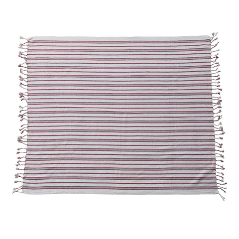 Woven Cotton Striped Throw with Braided Fringe, White, Red & Grey