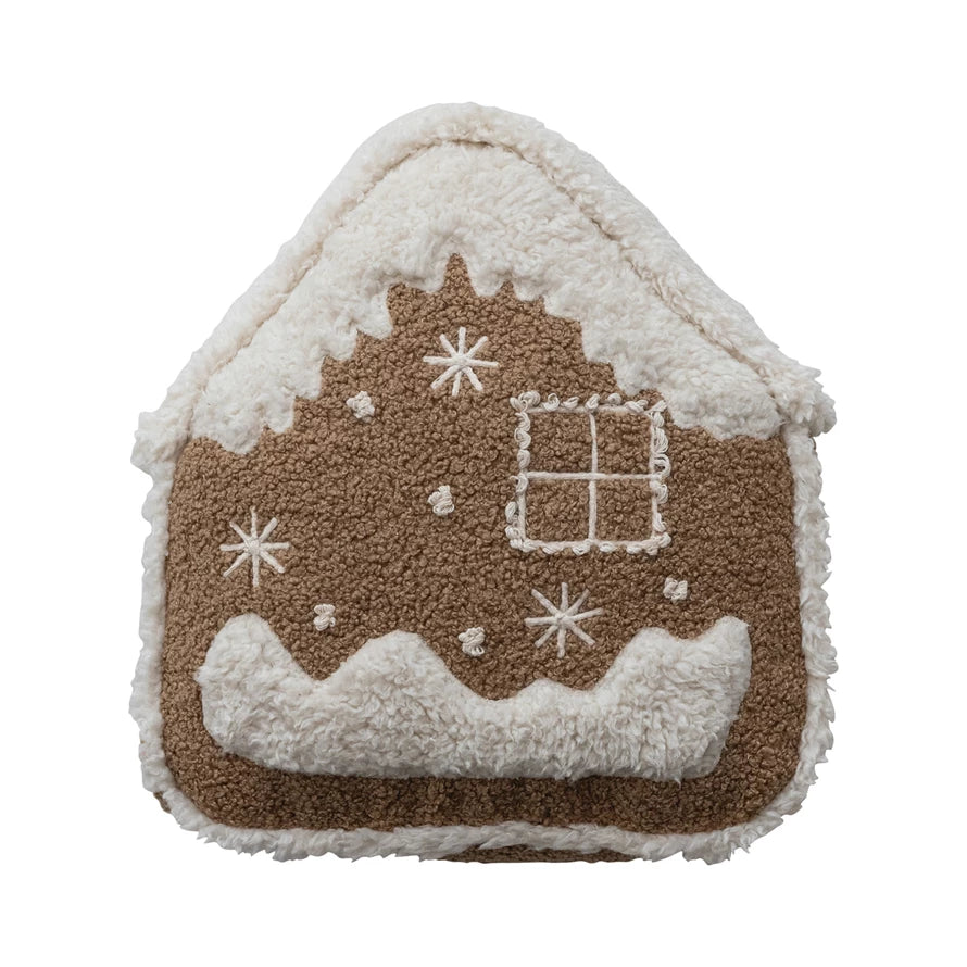 Woven Fabric Bouclé & Faux Sherpa Gingerbread House Shaped Pillow