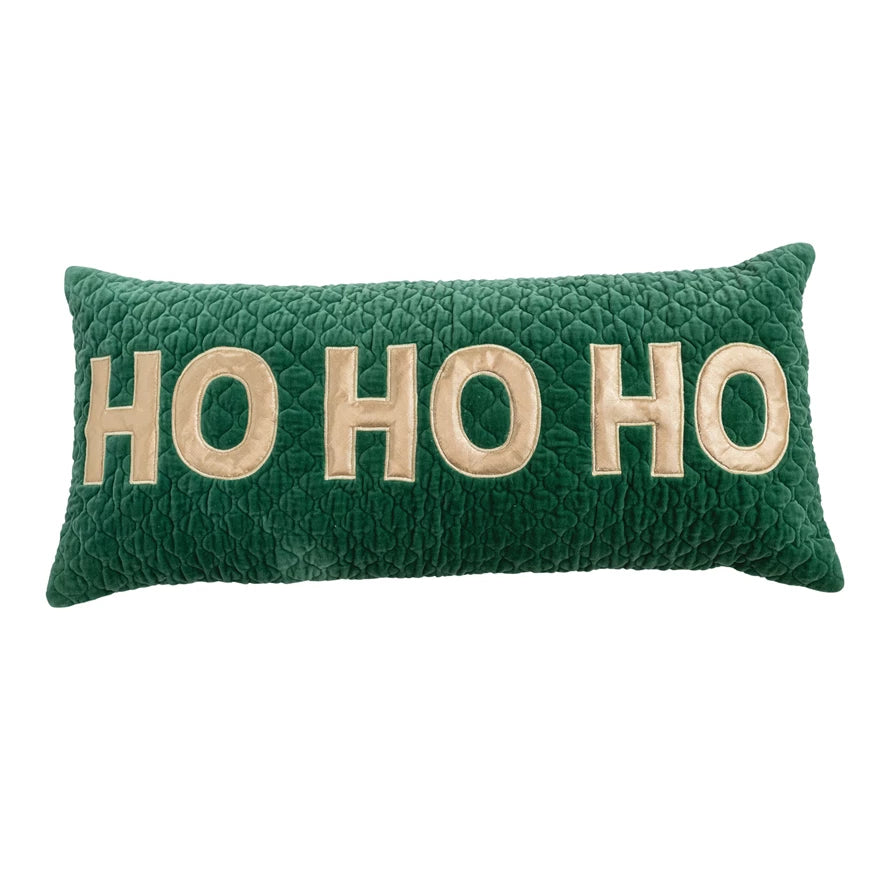 Woven Cotton Velvet Quilted Lumbar Pillow with Appliqued "HO HO HO"
