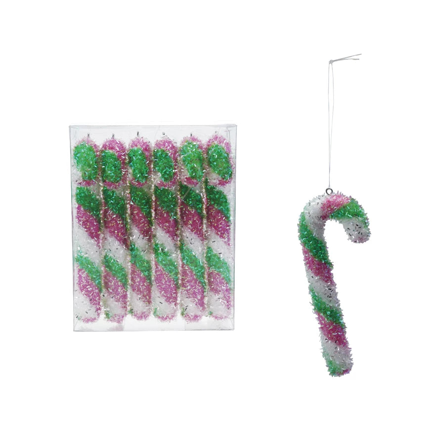 Foam Candy Cane Ornaments with Tinsel, Boxed Set of 6