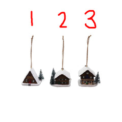 Resin House Ornament with Snow & Tree, 3 Styles