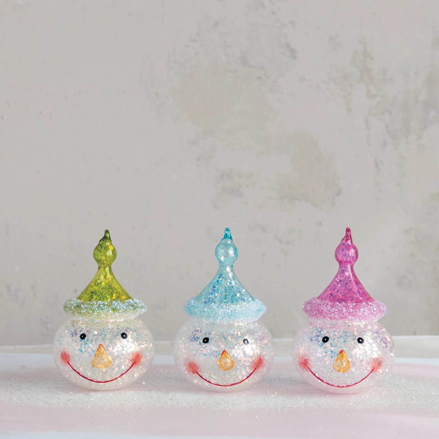 Glass Snowman Head Ornament with Iridescent Glitter, 3 Colors