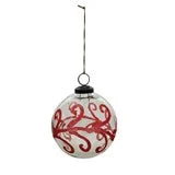 4" Round Hand-Painted Etched Glass Ball Ornament, Raspberry Color