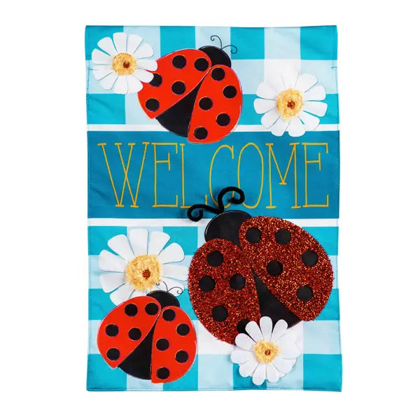 Ladybug plaid welcome garden linen flag