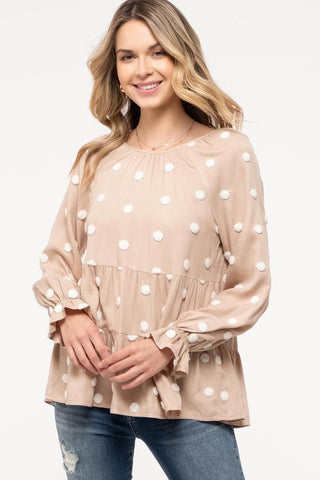 Tiered Woven Polka-Dot Top-Khaki/Ivory