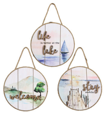WOOD ROUND WATERCOLOR WALL SIGN WITH LASER TOPOGRAPHY, 3 ASSORTED