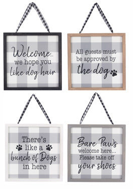 WOOD FRAMED GRAY AND WHITE PLAID DOG WALL SIGN, 4 ASSORTED