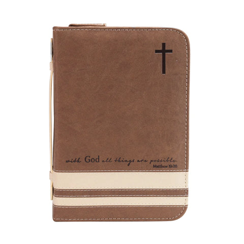 BIBLE COVER - BROWN & CREAM WITH GOD ALL THINGS ARE POSSIBLE - MATTHEW 19:26
