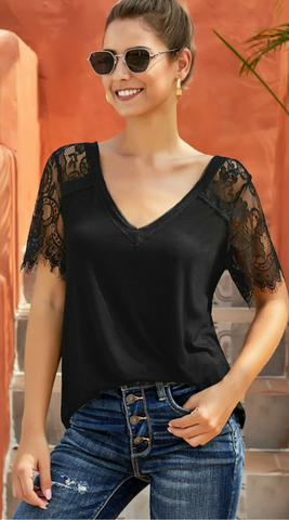 Black Sweet Side Lace Deep V Neck Top