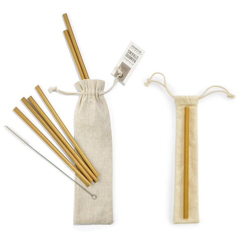 Set of 6 Natural Bamboo Drinking Straws with Brush Cleaner and Single Pouch