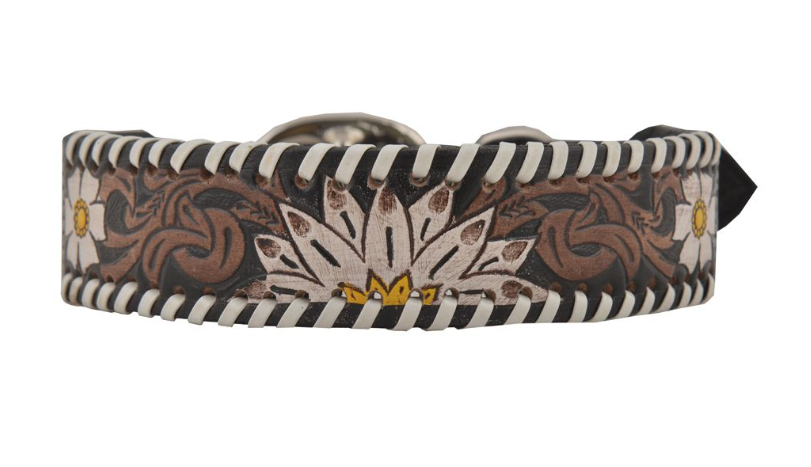 OXY DAISY HAND-TOOLED LEATHER DOG COLLAR