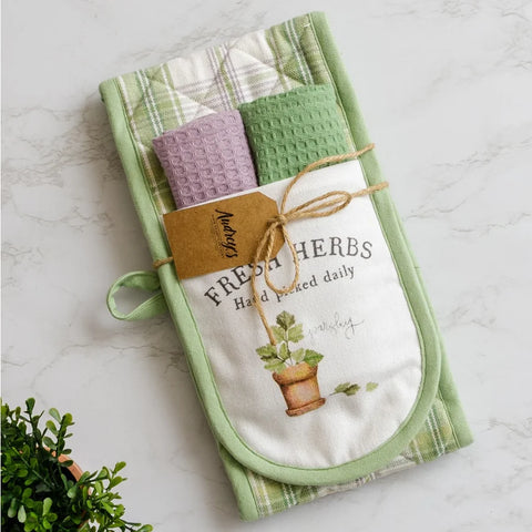 Double Oven Mitt Gift Set With Dish Cloths - Fresh Herbs