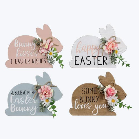 WOOD BUNNY SHAPED TABLETOP SIGN 4 ASSORTED