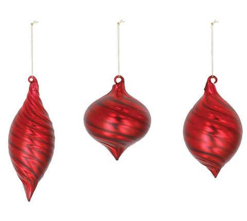 RED SWIRLING ASSORTED GLASS ORNAMENTS