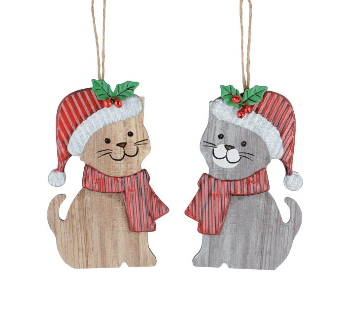WOOD CAT ASSORTED ORNAMENTS WITH TIN HAT