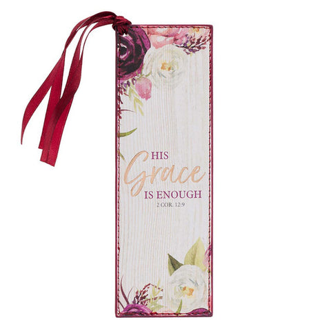 His Grace is Enough Faux Leather Bookmark in Pink Plums - 2 Corinthians 12:9