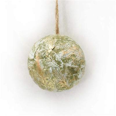 GLITTERED PAPER MACHE ORNAMENT - SAGE GREEN GOLD 3.75"