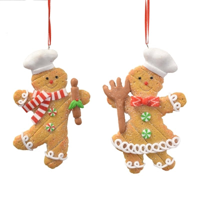 GINGERBREAD BAKING COOKIE ORNAMENT - BROWN GREEN WHITE RED 4.25" 2 ASST.