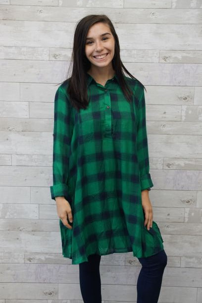 Green and Navy Long sleeve Plaid tunic