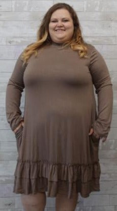 Taupe High Neck Long Sleeve Ruffle Bottom Dress.