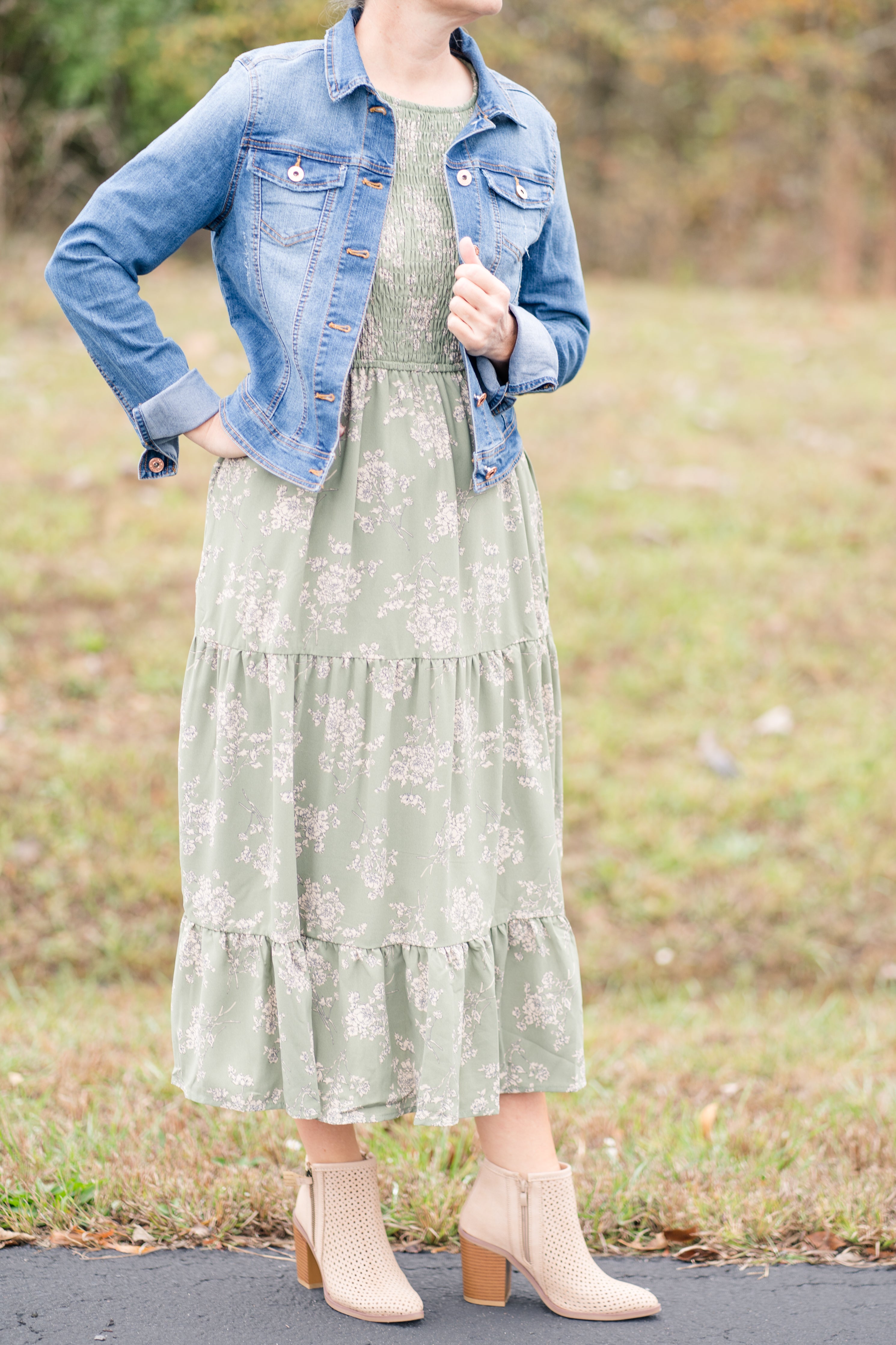 Sage with Floral Design Smocked Bodice Midi Dress