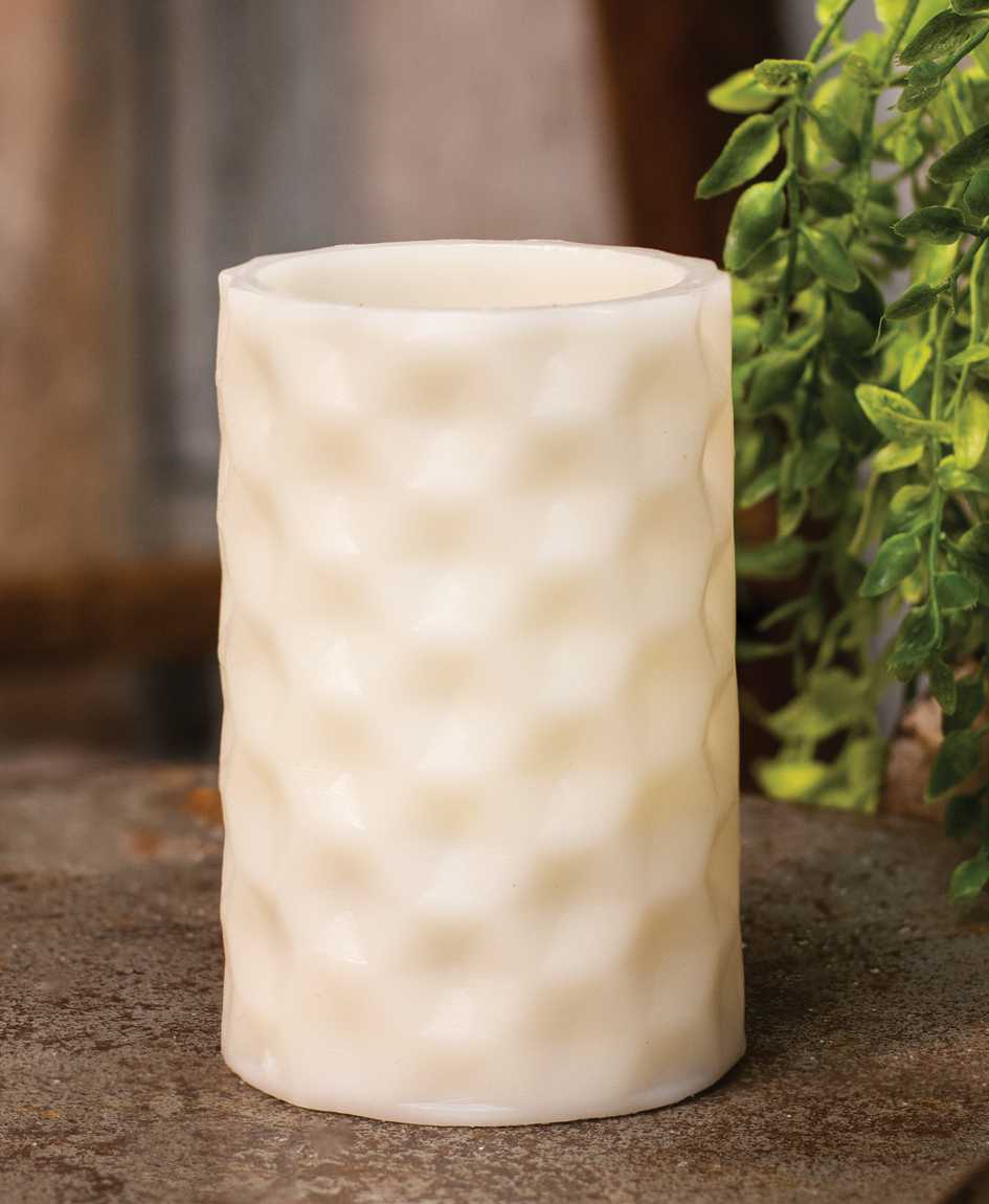 White Geometric Pillar Candle, White Light, 4.5"