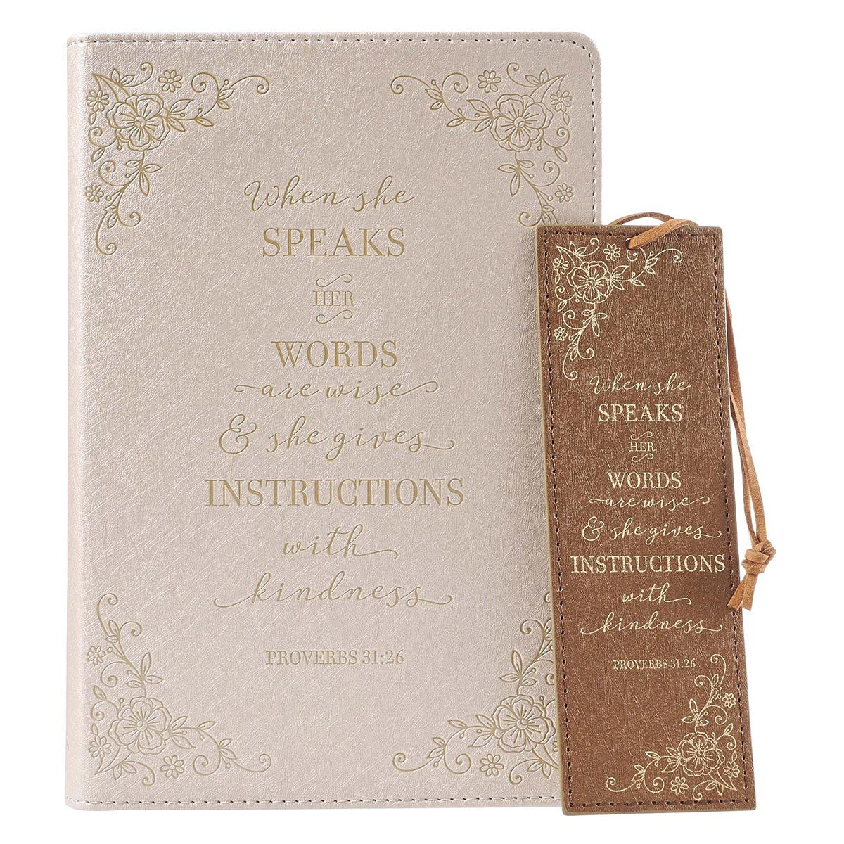 When She Speaks Faux Leather Journal and Bookmark Gift Set for Women - Proverbs 31:26
