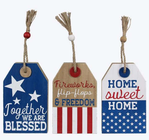 WOOD RED, WHITE, AND BLUE GIFT TAG WALL SIGN, 3 ASSORTED