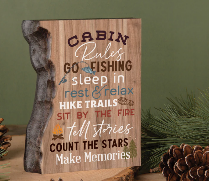 CABIN RULES GO FISHING SLEEP IN REST AND RELAX BARKY SIGN
